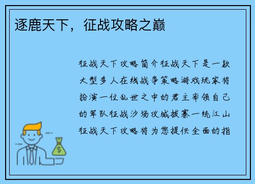 逐鹿天下，征战攻略之巅